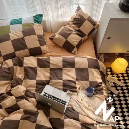 Bộ 4 Món Vỏ Chăn Ga Gối Cotton 100% Living Caro Nâu Phong Cách Hàn Quốc Vintage Sang Xịn Mịn Napbedding