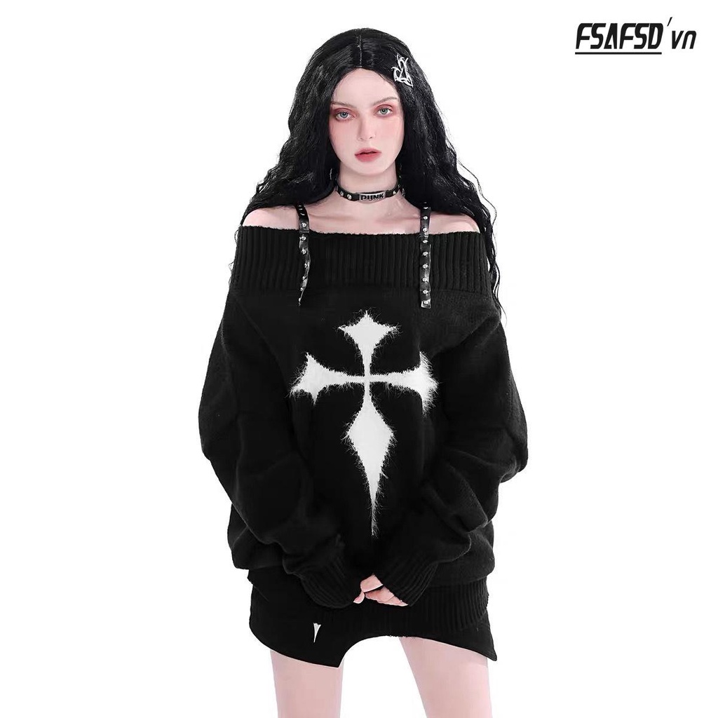 Áo Sweater Dệt Kim Trễ Vai Phối Đinh Tán Xinh Xắn Dành Cho Nữ