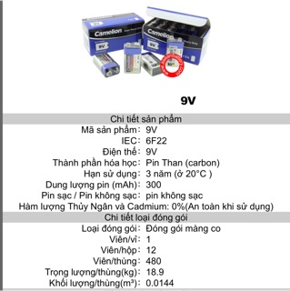 Pin 9V 12 viên 1 hộp Camelion