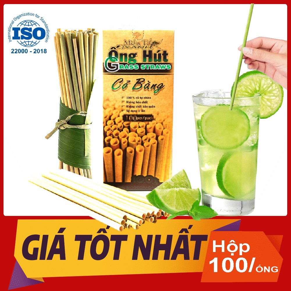 Hộp 100 ống hút cỏ bàng XUẤT KHẨU    MIỀN TÂY XANH - Chứng nhận ISO 22000-HACCP-OCOP