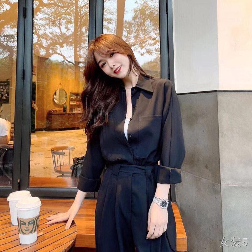 bộ thời trang [Summer Thin Style] Suit Jumpsuit lửng cạp cao lưng mỏng Quần ống rộng nữ lưới màu đỏ phiên bản Hàn Qu