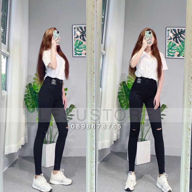 ẢNH TỰ CHỤP Quần Skinny jeans xẻ 2 gối lưng cao