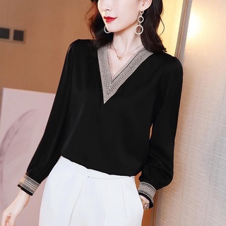Áo sơ mi vải voan tay dài cổ chữ v dáng rộng phong cách thanh lịch cho nữ