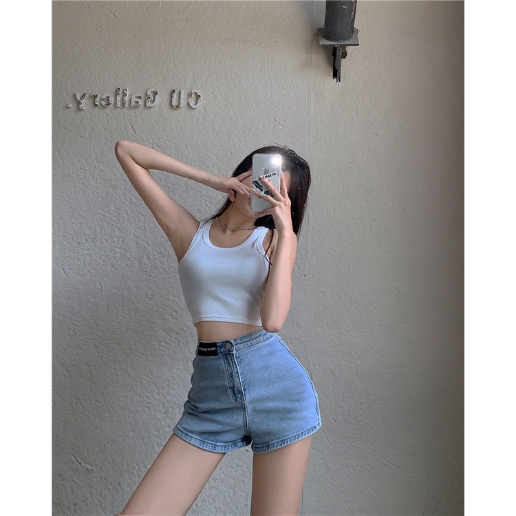 DUNEA Quần Short Denim Lưng Cao In Chữ Cá Tính Dành Cho Nữ