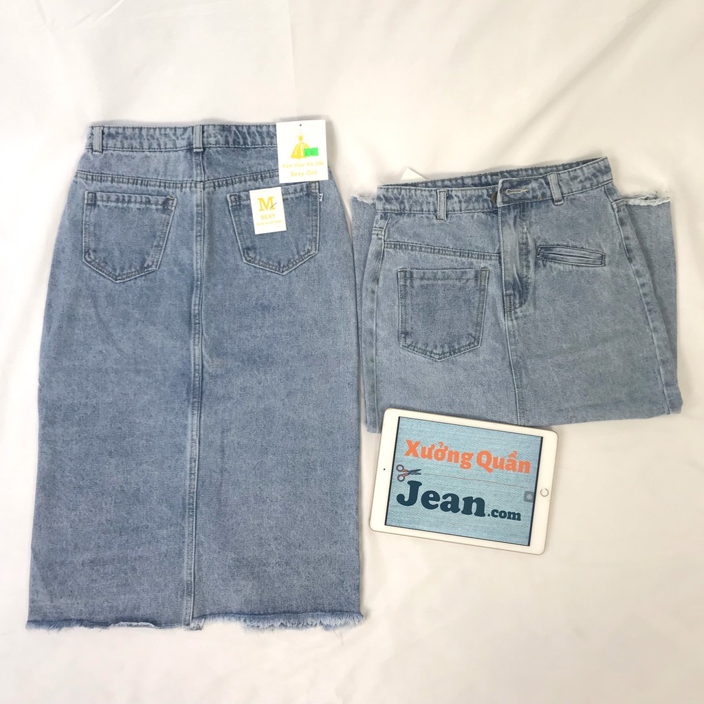 Chân Váy Jean Dài Xẻ Tà Phối TÚI LỆCH Chất Bò Màu Xanh Nhạt 527 | BigBuy360 - bigbuy360.vn