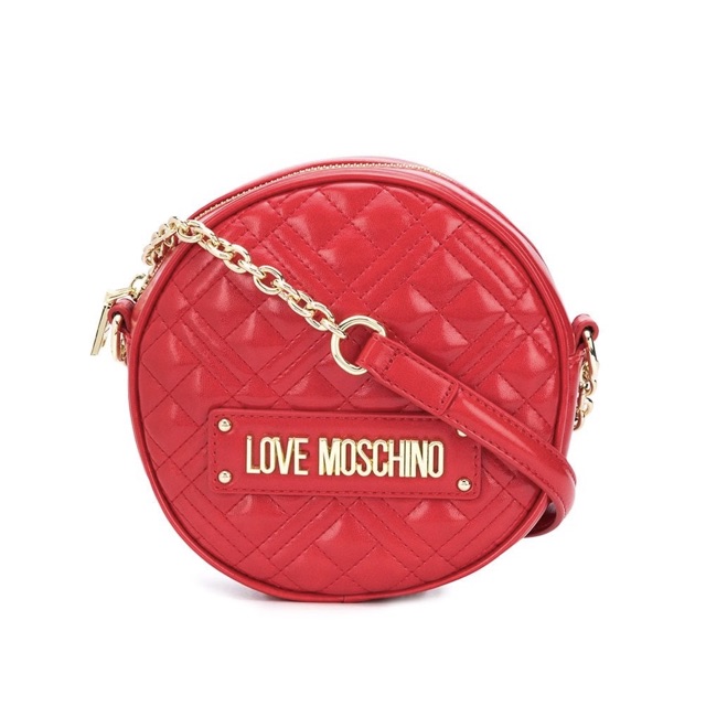 Túi Love Moschino tròn chần trám đỏ logo vàng xích vàng siêu mượt