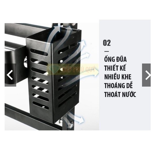 Kệ gia vị 2 tầng thép sắt đen có giá để thớt kèm ống đựng đũa tiện ích