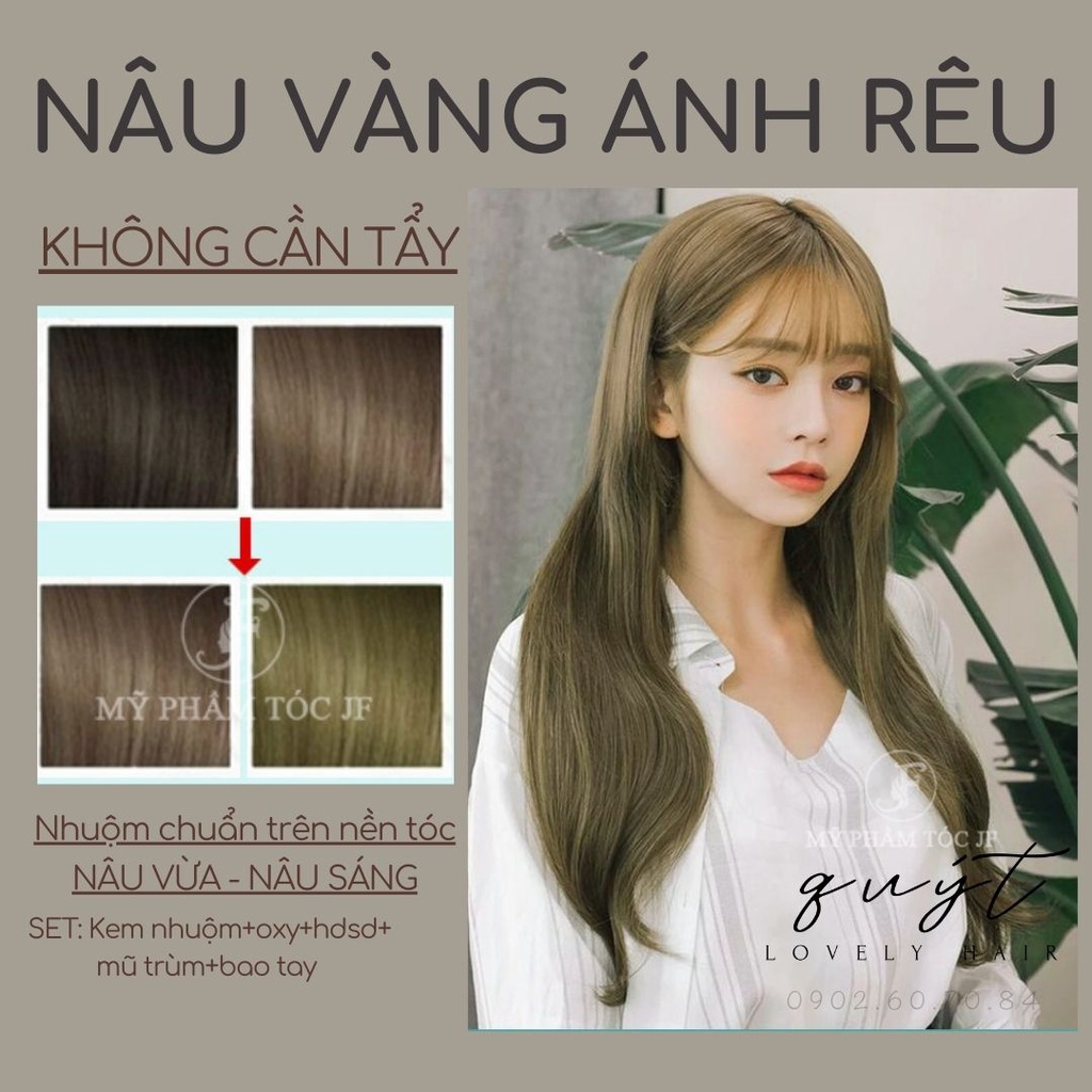 Kem Nhuộm Tóc Thảo Dược Nâu Vàng Rêu - Nhuộm Trên Nền Tóc Nâu - Không Cần Tẩy - Tặng Oxy