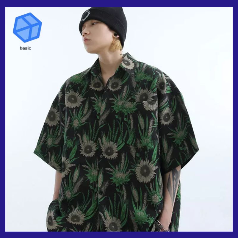 Áo Sơ Mi Nam Nữ Jacquard Cỏ Đuôi Cún Màu Xanh Lá Cây Dáng Rộng Phong Cách Mới