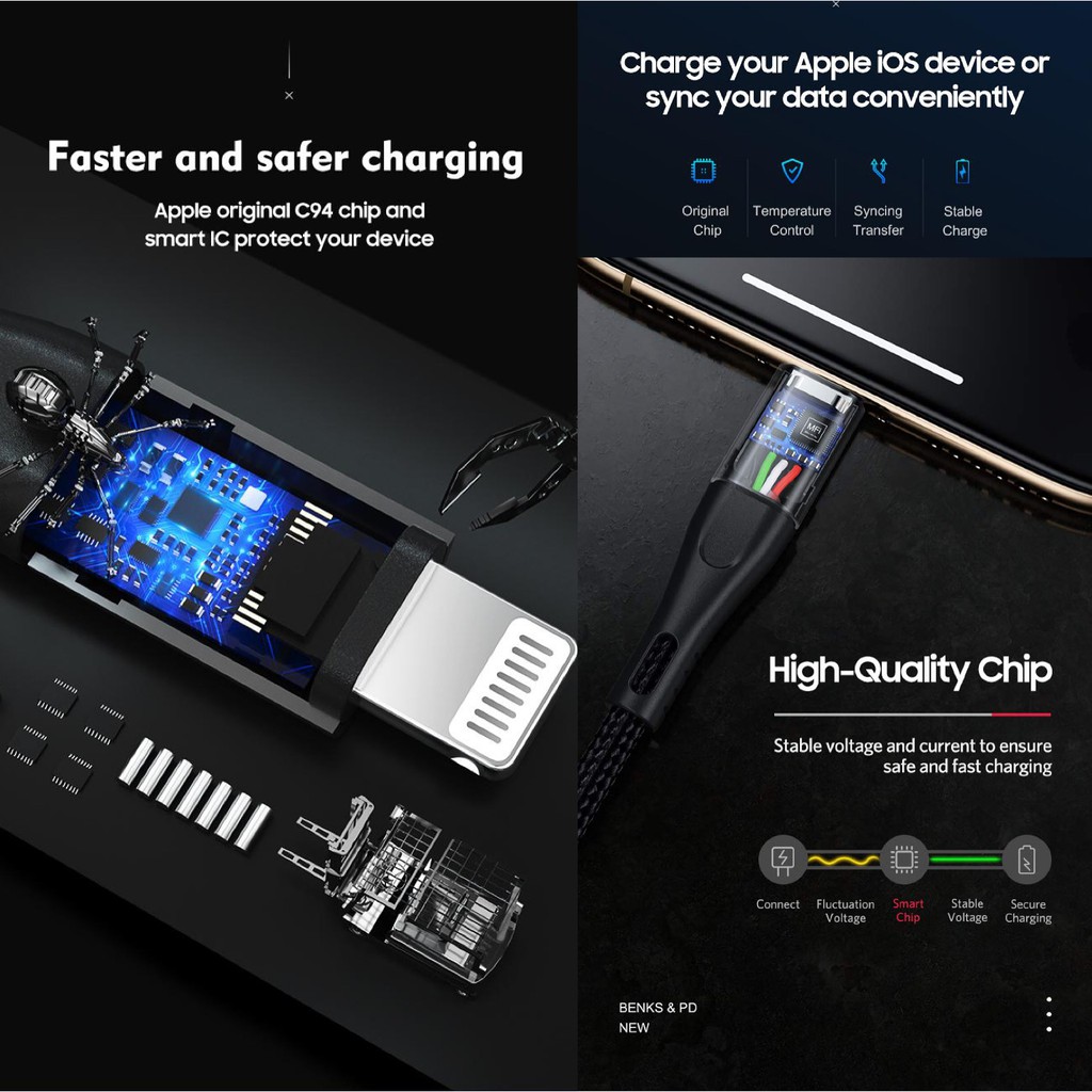 Cáp sạc nhanh iPhone, iPad Pro BENKS USB-C ra Lightning PD 18W chuẩn MFi Chipset C94 dài 25cm - M17