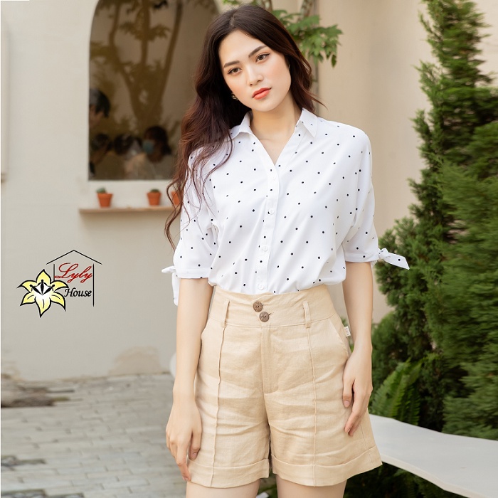 Áo sơ mi nữ chấm bi công sở đẹp form rộng giấu bụng dễ thương size s đến 5xl