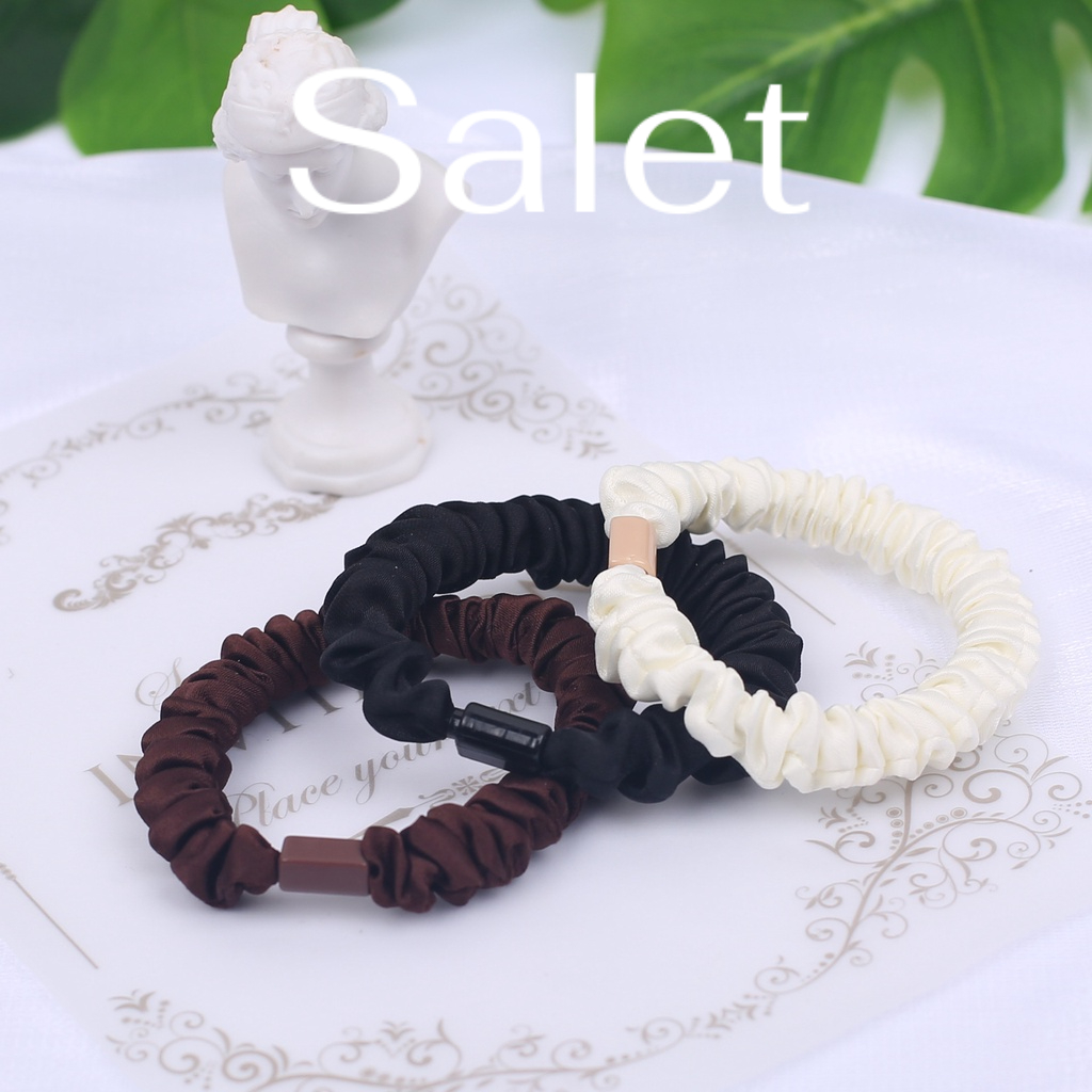 Scrunchies Lụa Phi Bóng SALET Trơn Cỡ Nhỏ Chuôi Nhựa Màu Đen Trắng Nâu Đi Biển Chơi Dây Buộc Tóc Chắc Chắn