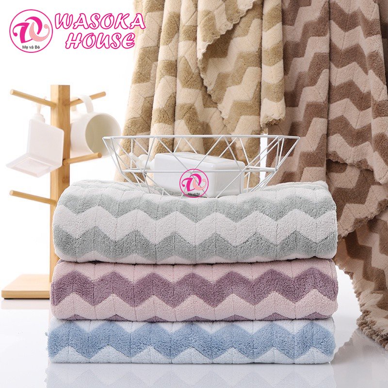 Khăn tắm 50x100cm lông cừu Hàn Quốc siêu mềm mịn, thấm hút tốt, họa tiết ziczac đẹp