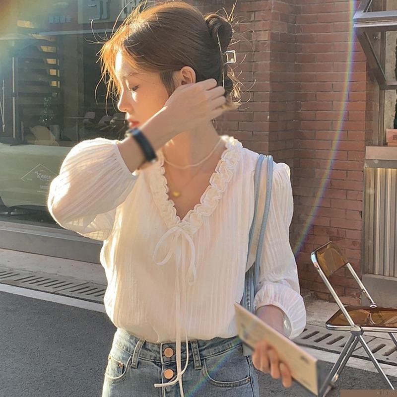 Áo sơ mi nữ tay dài cổ chữ V màu sắc ngọt ngào