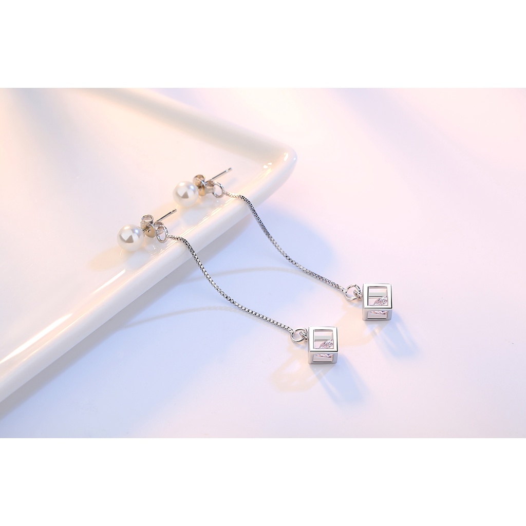 Bông Tai Bạc 925 Hình Khối Rubik Phối Dây Xích Thời Trang Hàn Quốc Cho Nữ-S1