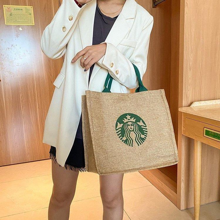 Túi Đựng Mỹ Phẩm Bằng Vải Canvas Cỡ Lớn In Logo Starbucks Tiện Dụng Mang Theo Du Lịch