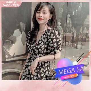 Váy hoa cúc cổ v tay bồng - đầm dáng suông