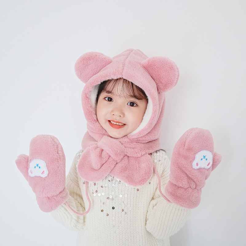 Găng tay giữ ấm mùa đông vải dày mềm màu trơn phối hình gấu hoạt hình cho em bé