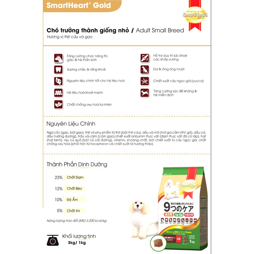 Thức ăn Smartheart Gold cho chó cỡ nhỏ 1kg - Thích hợp cho chó poodle & Phốc