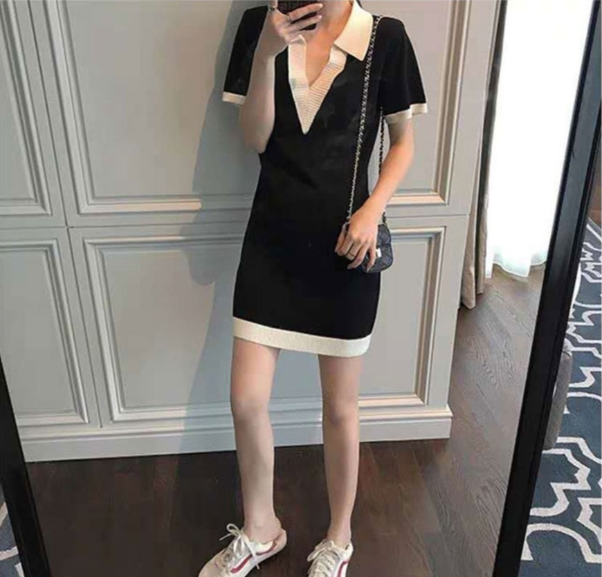SUXI Đầm dệt kim ngắn tay cổ chữ V phong cách retro xinh xắn cho nữ