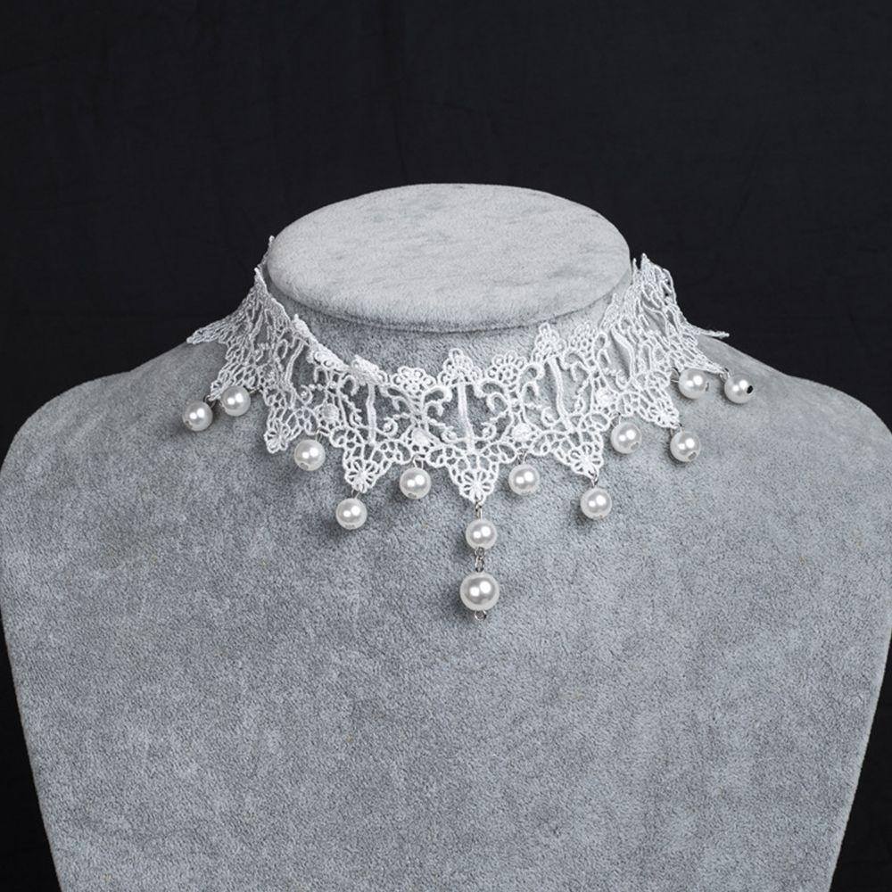 Vòng Cổ Choker Ngắn Phối Ren Đính Ngọc Trai Màu Trắng Phong Cách Gothic Thời Trang Cho Nữ