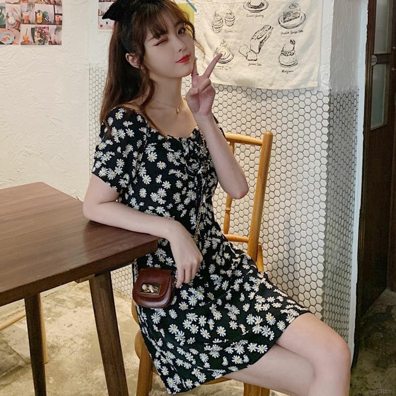 Đầm midi trễ vai họa tiết hoa cúc thời trang Hàn Quốc mùa hè