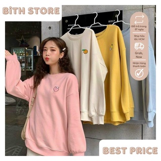 Áo Sweater Nữ Thêu Trái Cây Form Rộng, Áo Khoác Nũ Chất Nỉ Bông Dày Ấm Áp
