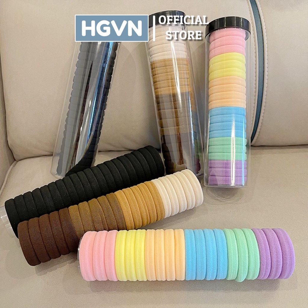 HỘP 20 Chun Buộc Tóc HGVN Nhiều Màu Sắc, Dây Buộc Tóc Trơn Kèm Ông Đựng Trong Suốt