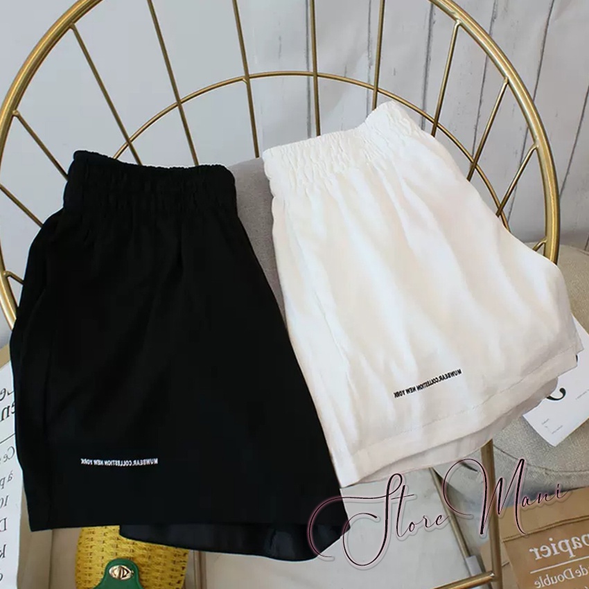 Quần short nữ kiểu quần đùi đũi cạp cao lưng thun chun thêu chữ màu đen trắng kem ống rộng mặc đi biểm ở nhà đi ngủ đẹp | BigBuy360 - bigbuy360.vn