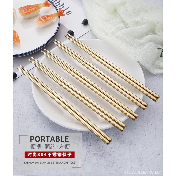 Set 5 Đôi Đũa Ăn  inox 304 Cao Cấp Mạ Vàng Sang Trọng