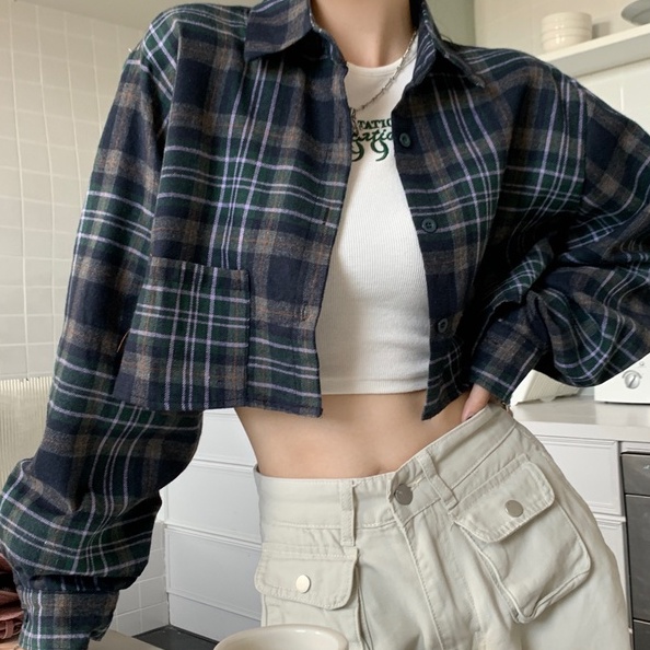 ZHELIHANGFEI Áo Sơ Mi Tay Dài Cổ Bẻ Họa Tiết Sọc Caro Phong Cách Retro