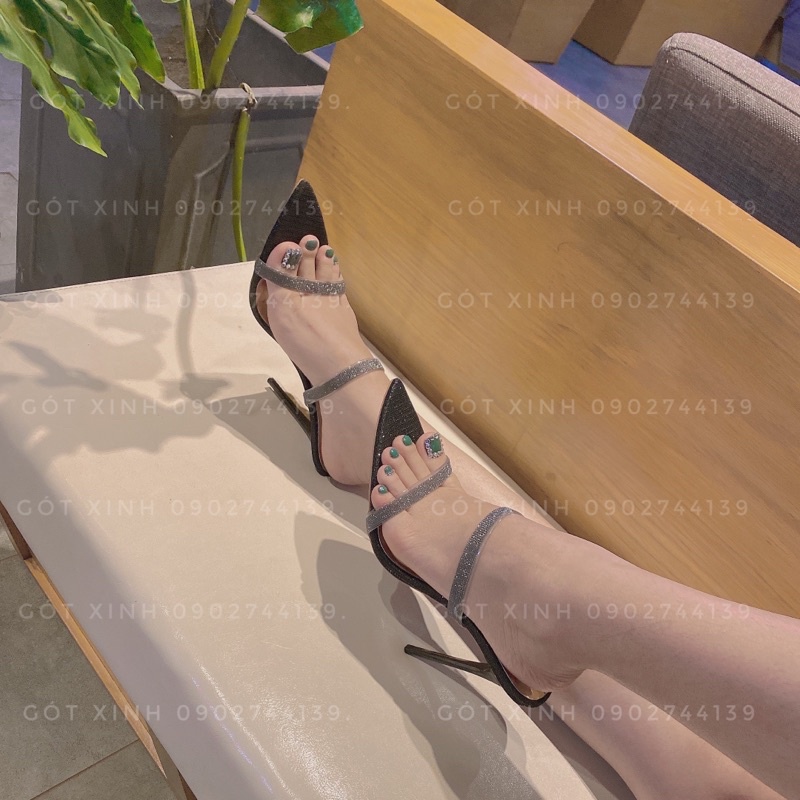 Dép cao gót kim tuyến hai dây mảnh 7p-9p-11 phân