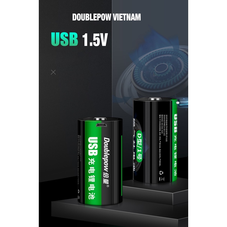 Pin đại D 1.5V 9000mWh Doublepow sạc trực tiếp nguồn Micro USB cho Pin Sạc Cho Bếp Ga, Đèn Pin, Thiết Bị Công Nghiệp