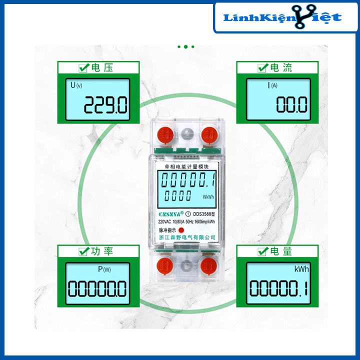 Công tơ điện tử 1080 1 pha điện áp 220V 80A đo số điện tiêu thụ KWH nhựa ABS chống cháy, màn hình LCD