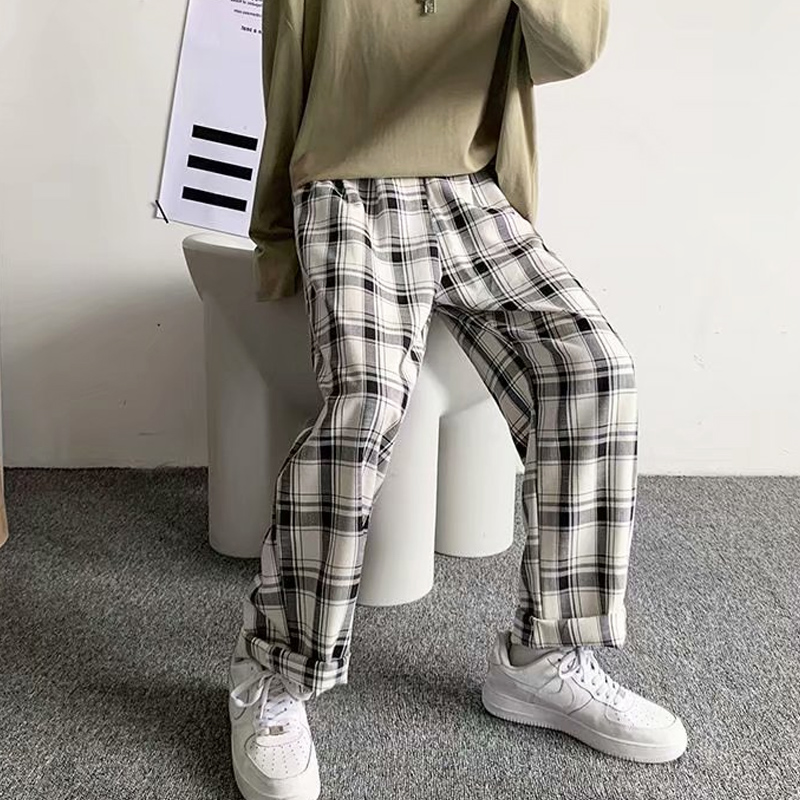 Plaid Trousers Korean Baggy Pants Casual Plaid Pant Men Fashion Straight Trourse Unisex Vintage Checkered Loose Pants Man