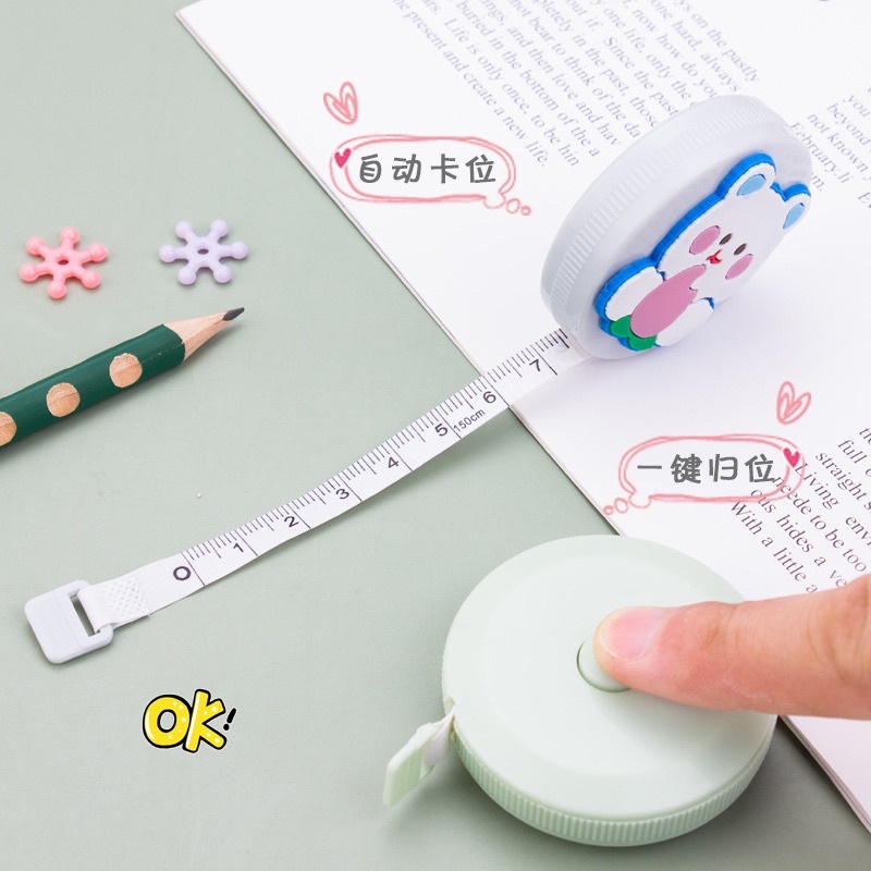 Thước dây mini hoạt hình dễ thương hộp TRÒN style Hàn Quốc - Thước đo quần áo, đo eo 1,5M có thể thu gọn tiện lợi