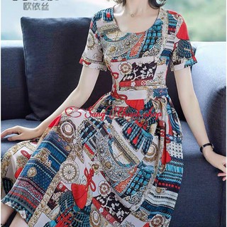 Đầm Xoè Vintage Hoạ Tiết Cổ Tròn| Váy Đầm Dáng Xòe Xinh Xắn