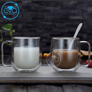 Bộ 2 ly thuỷ tinh hai lớp chịu nhiệt quai cầm glass mug 250 ml m2851