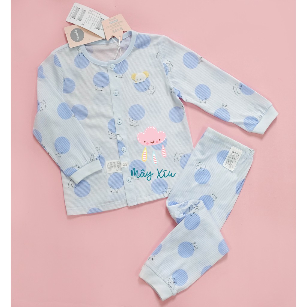 Bộ dài tay bé gái bé trai hoạ tiết chấm bi xanh agabang