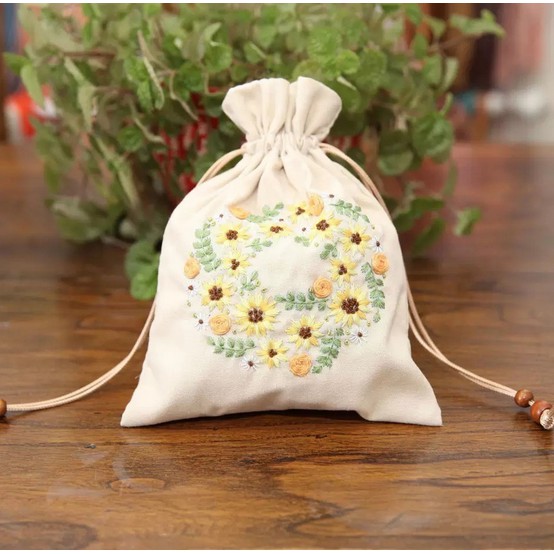 Bộ kit nguyên liệu túi thêu dây rút / Tote hoa lá vintage tự thêu đầy đủ handmade decor nhà cửa MIE Handmade