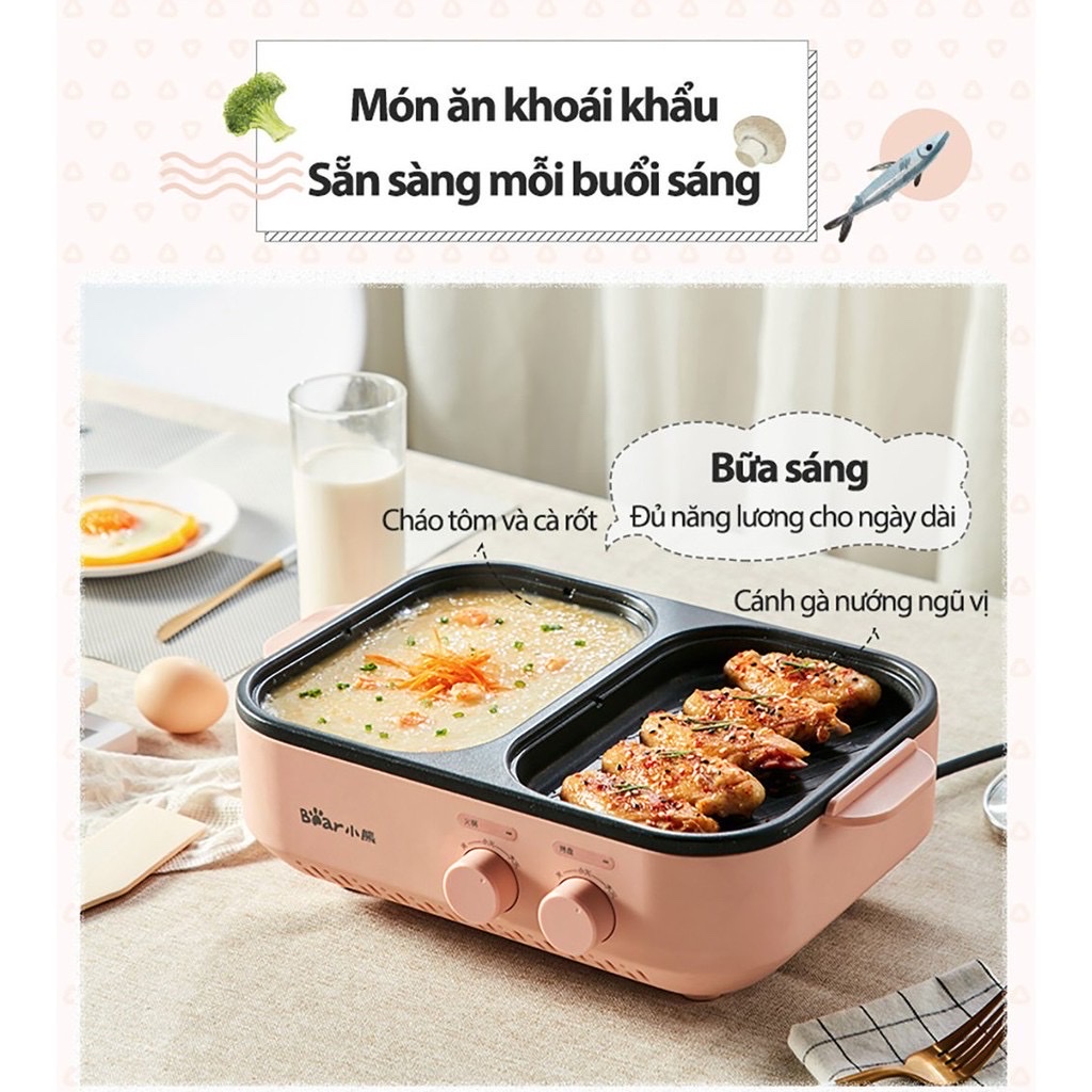 Bếp lẩu nướng Bear đa năng 2 trong 1 - Nồi lẩu nướng mini - Bếp nấu đa năng cho 3-6 người - Bảo hành chínhhãng