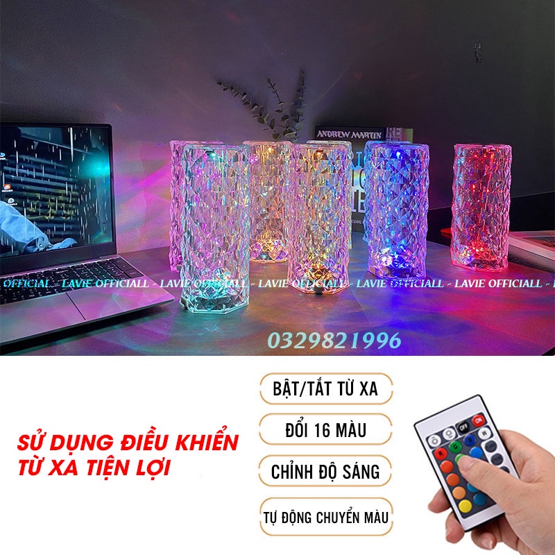 Đèn Ngủ Để Bàn Ánh Sáng Pha Lê - Đèn Trang Trí Phòng Ngủ Cao Cấp Cảm Ứng Chạm 16 Màu Có Thể Sạc Pin, Có Điều Khiển Từ Xa