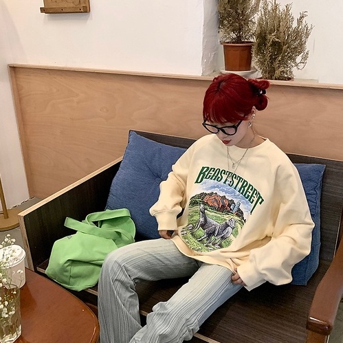 ZHELIHANGFEI Áo Nỉ Cổ Tròn Dáng Rộng In Hình Cừu Phong Cách Retro Dễ Phối Đồ