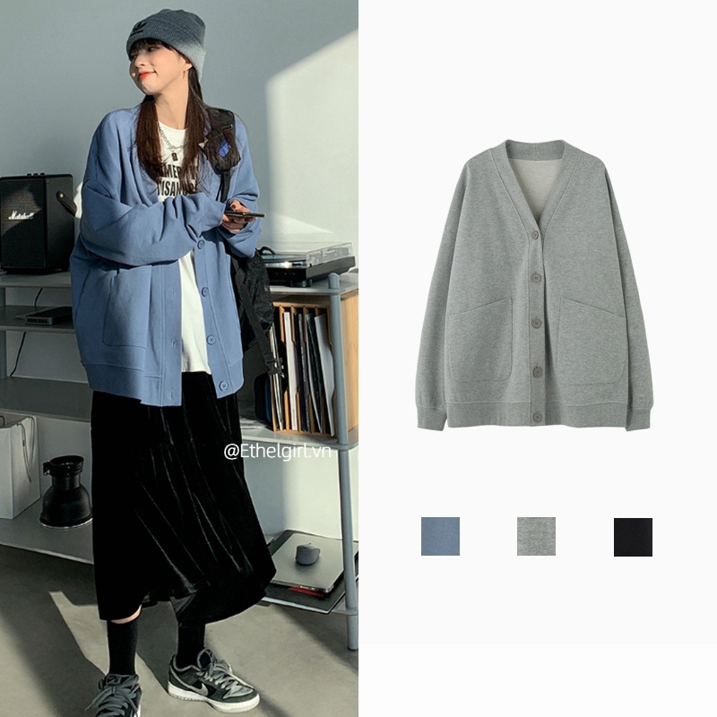 Áo Nỉ Dài Tay Cổ Chữ V Thời Trang Hàn Quốc Dành Cho Nữ