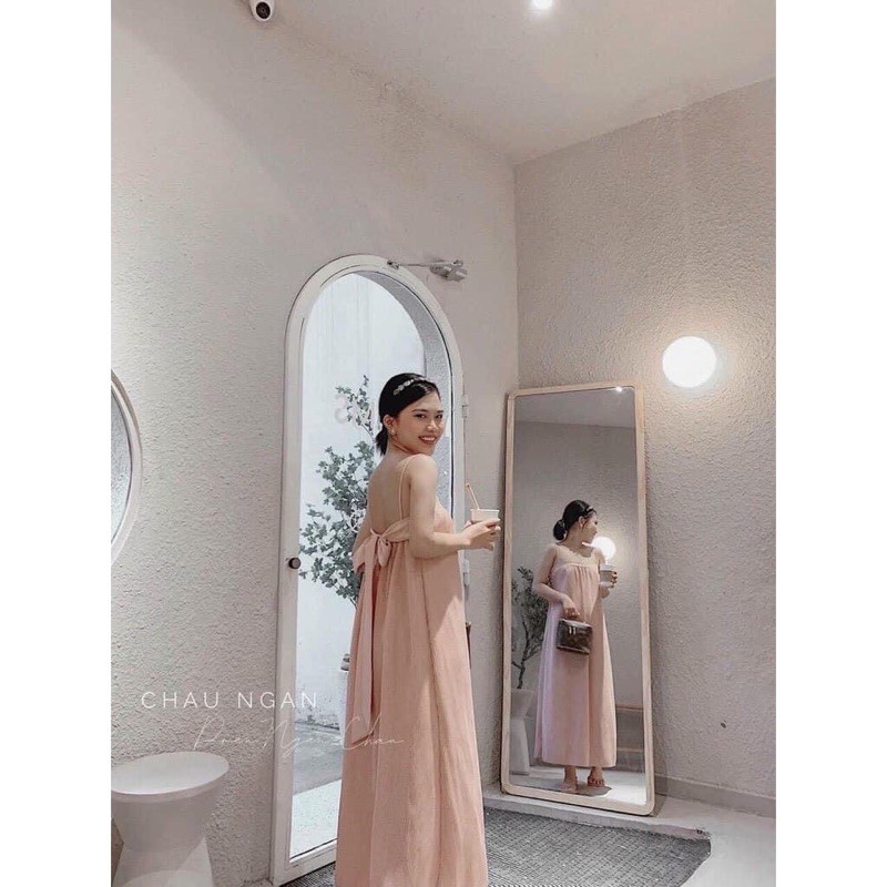 Đầm maxi xếp ly cột nơ lưng dày dặn có mút ngực hình thật