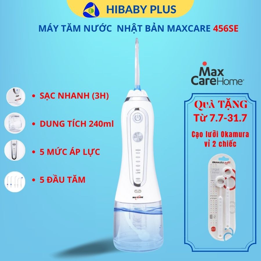 Máy tăm nước siêu âm Nhật Bản Maxcare 456Plus / 456S, vệ sinh răng miệng giúp răng chắc khỏe - Tặng cạo lưỡi Okamura