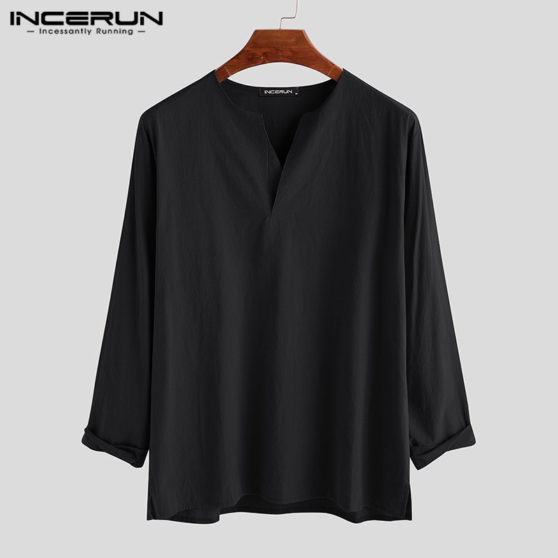 Áo vải lanh INCERUN tay dài cổ chữ V thời trang cho nam