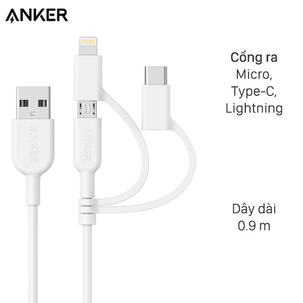 Cáp 3 đầu Lightning Type C Micro 0.9m Anker Powerline II A8436 Trắng ( Like New )