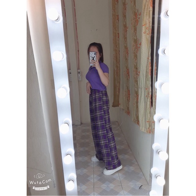 [Mã FAXANH245 giảm 10K đơn 50K] Set áo croptop polo cổ bẻ và quần suông caro tím ống rộng cạp cao quần cá tính | BigBuy360 - bigbuy360.vn