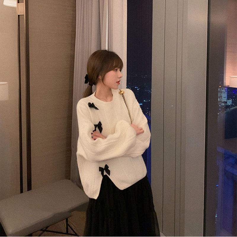 IELGY    Áo sweater Dệt Kim Dáng Rộng Thắt Nơ Phong Cách Nhật Bản Cho Nữ